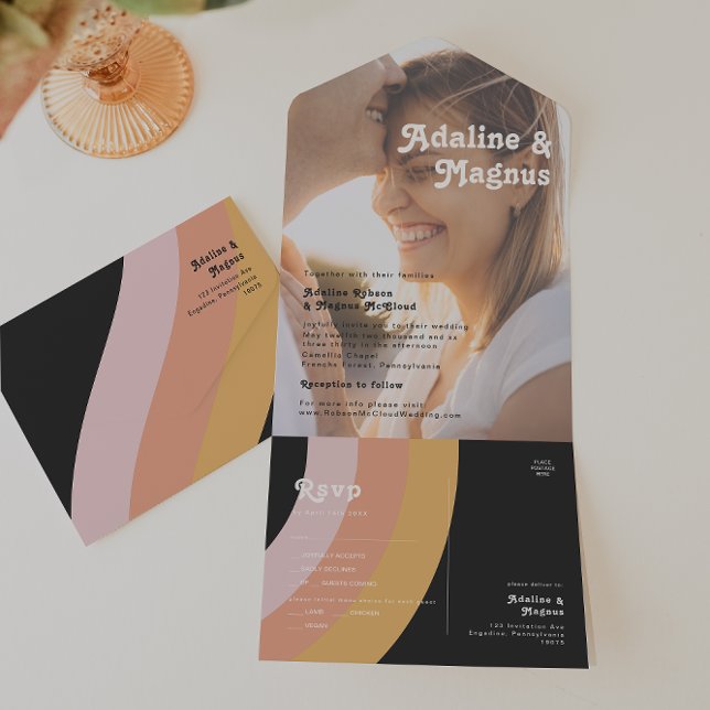 Modern Retro 70's Rainbow Dark Photo Seal and Send All In One Invitation (Creator Uploaded)