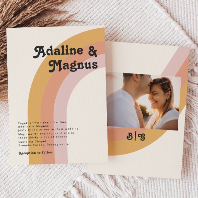 Modern Retro 70's Rainbow Monogram Photo Wedding Invitation (Creator Uploaded)