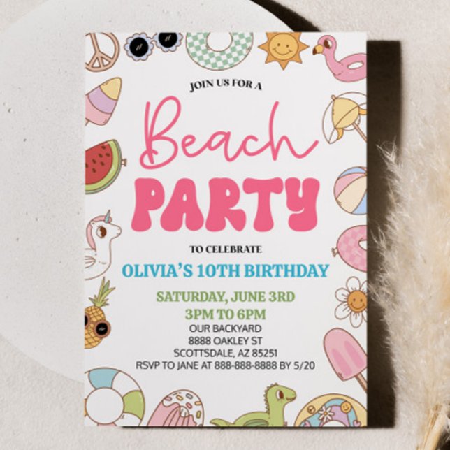 Modern Retro 70's Summer Birthday Beach Party Invitation (Creator Uploaded)