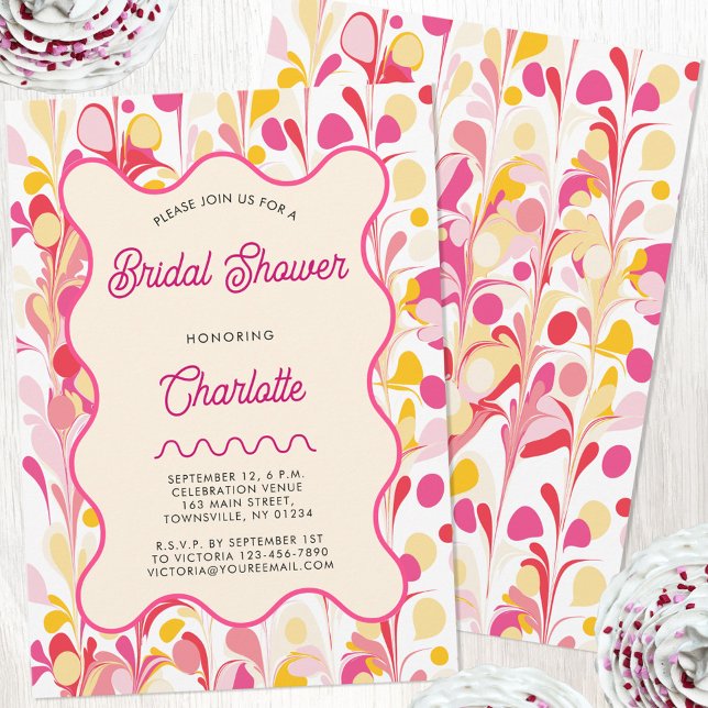 Modern Retro Abstract Pink Bridal Shower Invitation (Modern abstract groovy abstract wavy personalized bridal shower invitation)