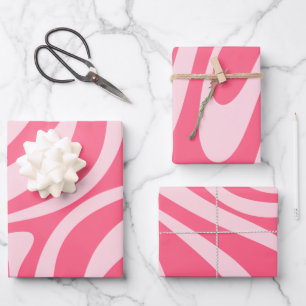 Modern Retro Abstract Swirl Patterns in Pink Wrapping Paper Sheet