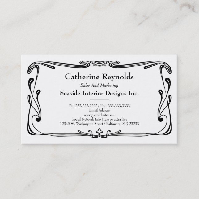 Modern Retro Art Deco Scroll Border Simple Black Business Card (Front)