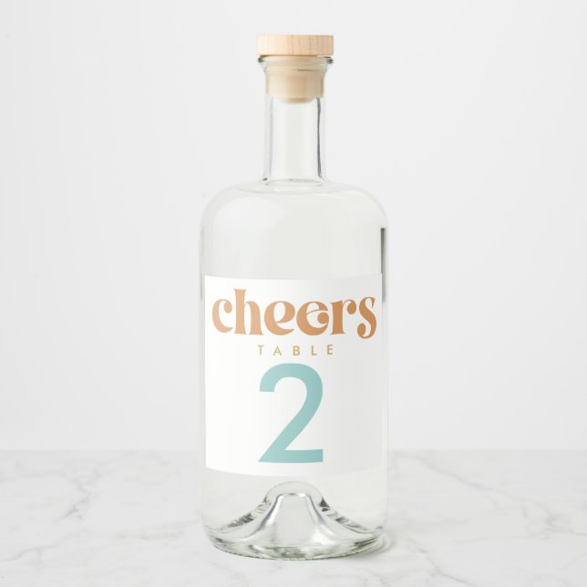 Modern Retro Beachy Wedding Table Number Liquor Bottle Label (Front)