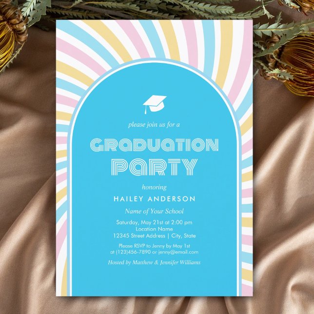 Modern Retro Blue Arches 80s Graduation Invitation (Creator Uploaded)