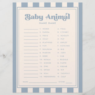 Modern Retro Blue "Baby Animal Names" Shower Game