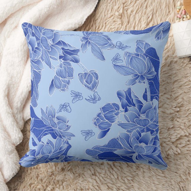 Modern Retro Blue Chinoiserie Chic Lotus Mandala Cushion (Blanket)