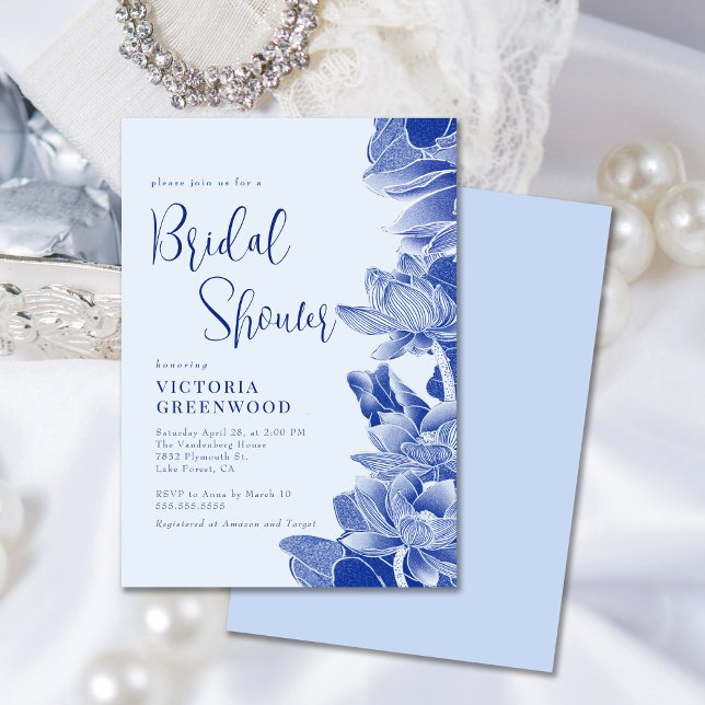 Modern Retro Blue Chinoiserie Floral Bridal Shower Invitation (Creator Uploaded)