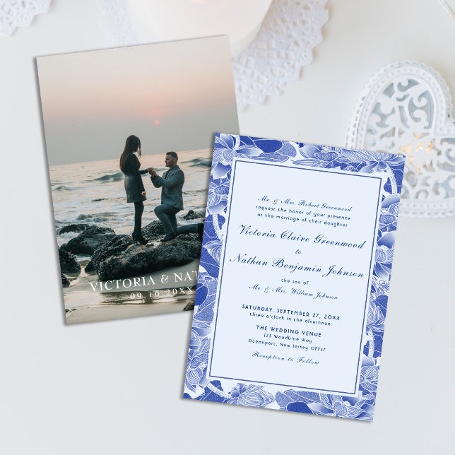  Modern Retro Blue Chinoiserie with Photo Wedding  Invitation (Creator Uploaded)