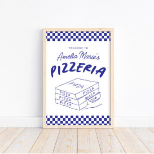 Modern Retro Blue Italian Pizzeria Pizza Party Poster