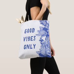 Modern Retro Blue Lotus Mandala Good Vibes Tote