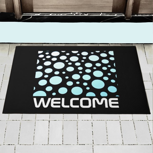 Modern Retro Blue & White Ombre Polka Dots Black Doormat (Creator Uploaded)
