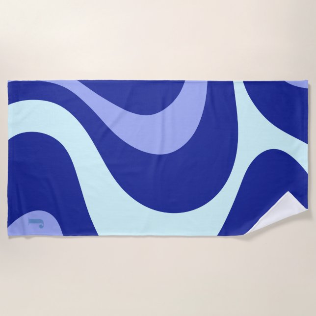 Modern Retro Blue White Wave Personalised  Beach Towel (Front)