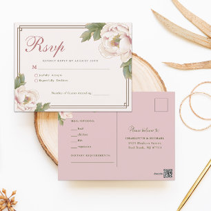 Modern Retro Blush Peony Floral Wedding RSVP  Postcard