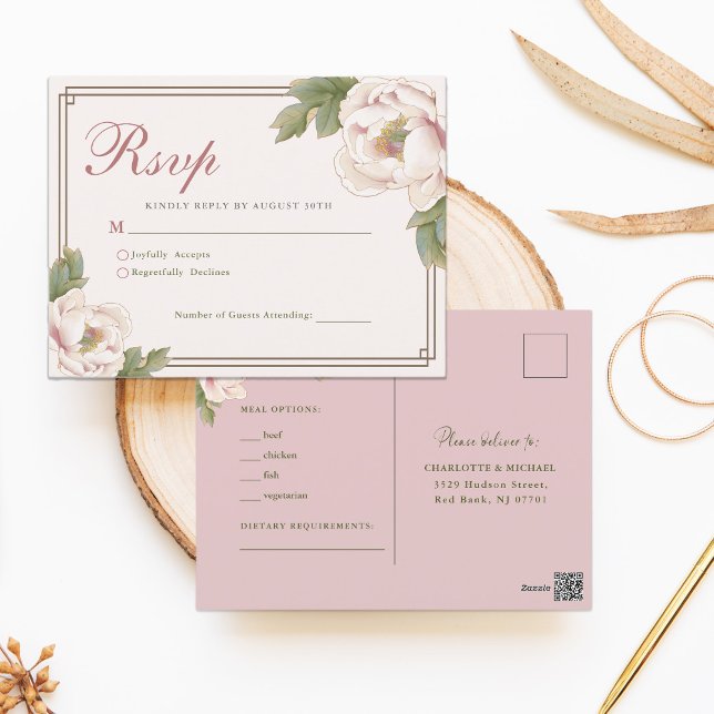 Modern Retro Blush Peony Floral Wedding RSVP  Postcard (Creator Uploaded)