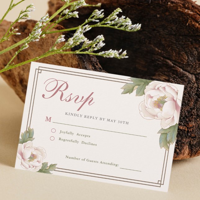 Modern Retro Blush Pink Peony Floral Wedding RSVP (Creator Uploaded)