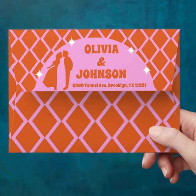Modern Retro Boho Pink Orange Personalised Wedding Envelope (Hand)