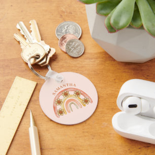 Modern Retro Boho Rainbow Name  Key Ring