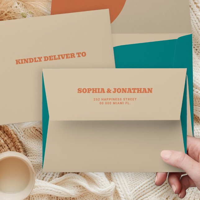 Modern retro bold groovy beige teal wedding envelope (Creator Uploaded)