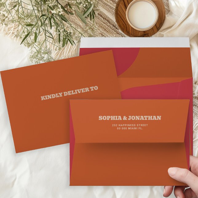 Modern retro bold groovy red orange wedding envelope (Creator Uploaded)