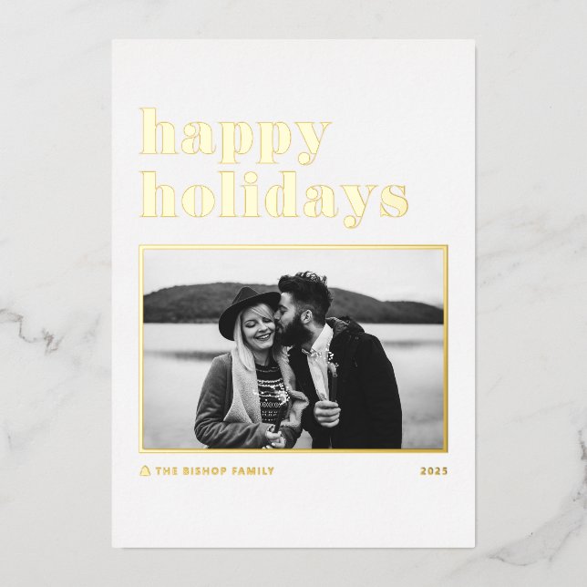 Modern Retro Bold Typography Photo Happy Holidays Foil Holiday Card (Front)