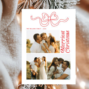 Modern Retro Bow Merry Christmas Photo Holiday Car Card