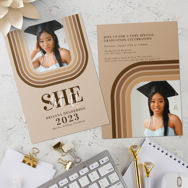 Modern Retro Brown and Neutral Graduation Invitation (Creator Uploaded)
