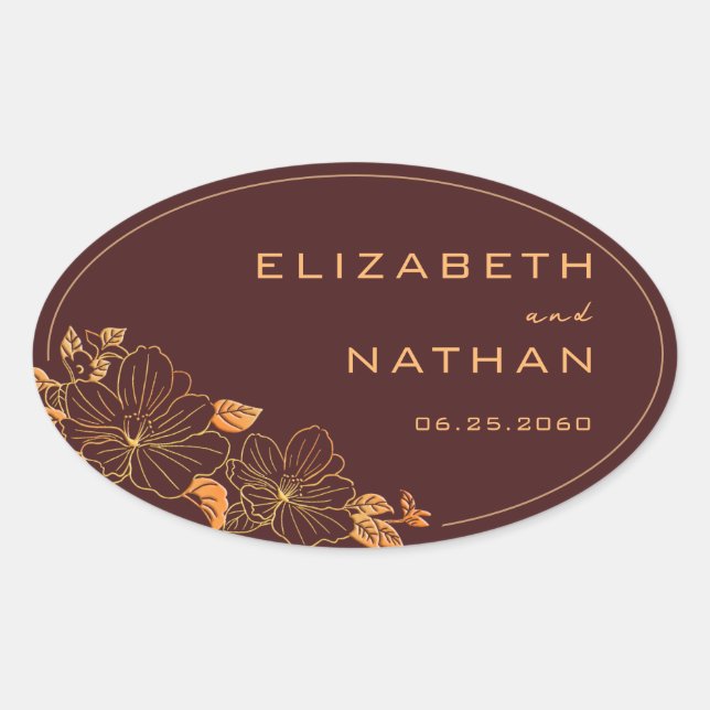 Modern Retro Burgundy & Gold Floral Wedding Oval Sticker (Front)