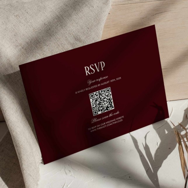 Modern Retro Burgundy Wedding QR Code RSVP Enclosure Card (burgundy formal wedding rsvp card with qr code, deep red wedding response card, maroon wedding )