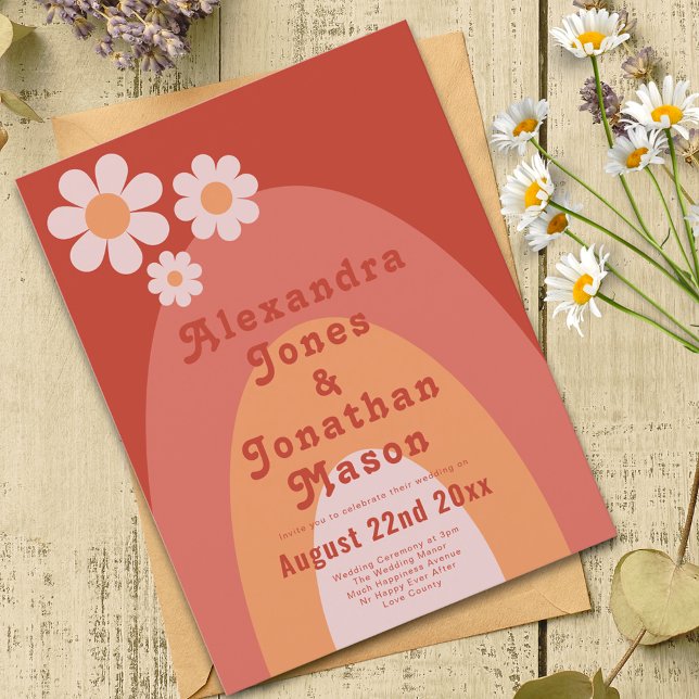 Modern Retro Burnt Orange Floral Arch Fall Wedding Invitation Postcard (Retro orange daisy arch groovy wedding invitation )