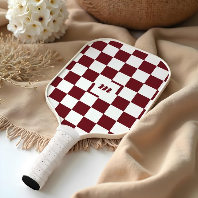 Modern Retro Chequered Pattern Custom Monogram Red Pickleball Paddle (Modern Retro Chequered Pattern Custom Monogram Red Pickleball Paddle)