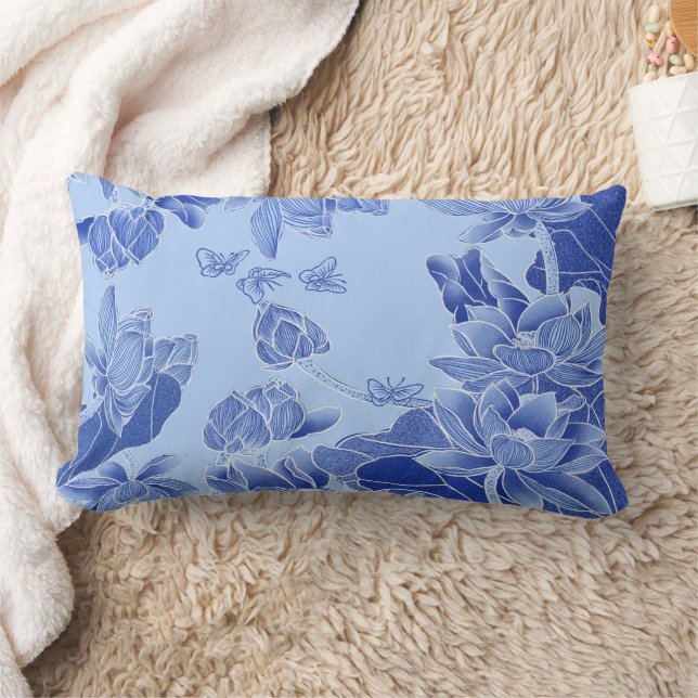 Modern Retro Chinoiserie Blue Lotus Mandala  Lumbar Cushion (Blanket)