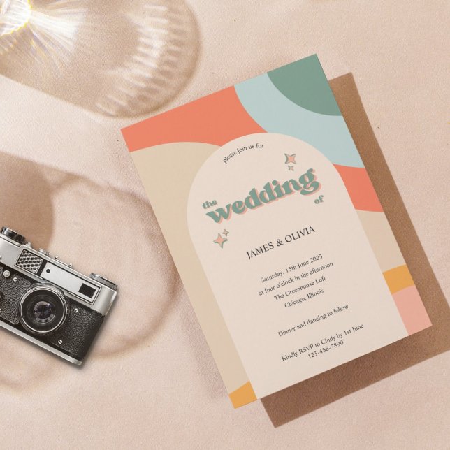 Modern Retro Colourful Groovy Arch Wedding Invitation (Creator Uploaded)