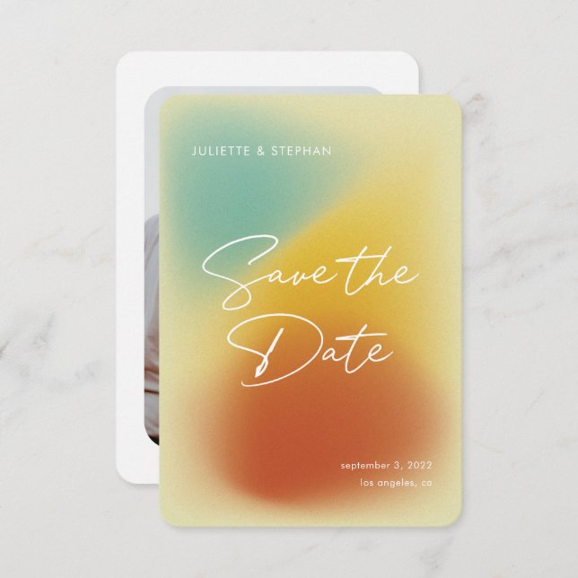 Modern Retro Colours Script Grainy Gradient Photo Save The Date (Front/Back)