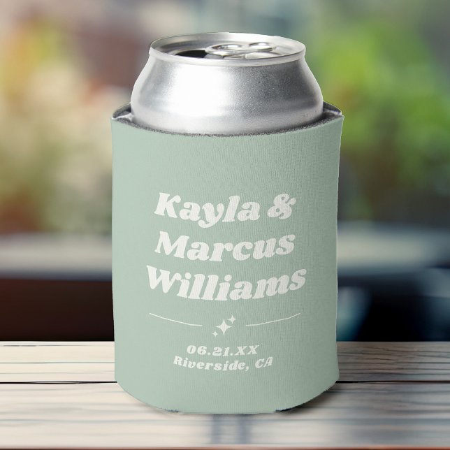 Modern Retro Cool Fun Wedding Names Party Favour Can Cooler (A dusty sage green can cooler featuring custom names and date location in retro sparkly typography)