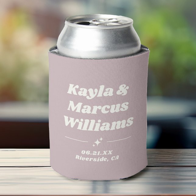 Modern Retro Cool Fun Wedding Names Party Favour Can Cooler (A blush pink can cooler featuring custom names and date location in retro sparkly typography)