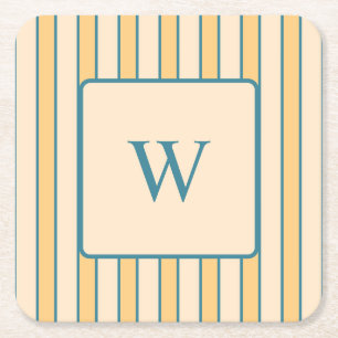 Modern Retro Coral and Green Stripe Square Paper Coaster