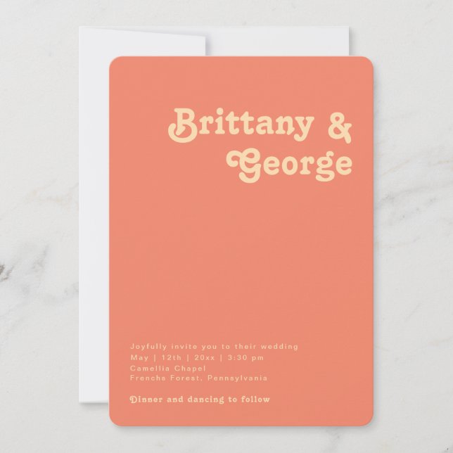 Modern Retro | Coral Casual Rounded Edges Wedding Invitation (Front)