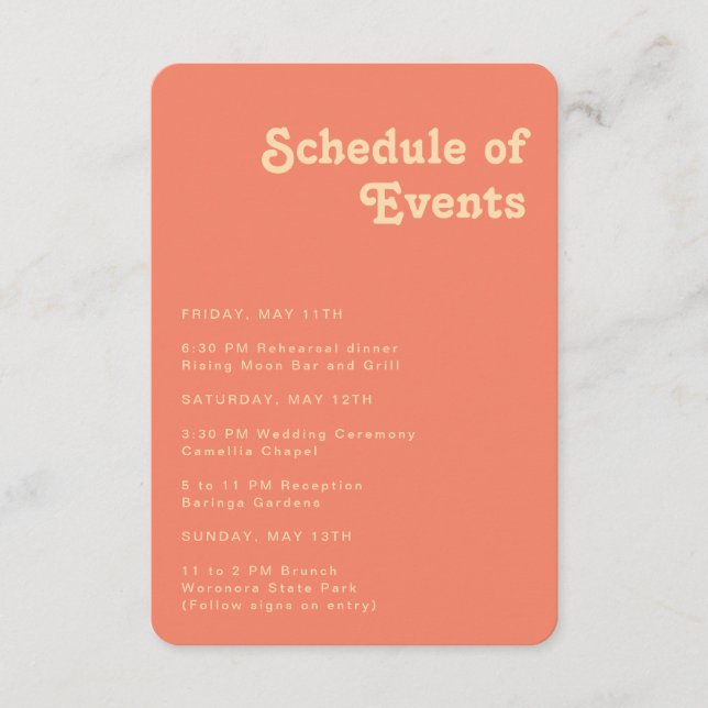 Modern Retro Coral Schedule of Events Rounded Edge Enclosure Card (Front)