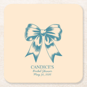 Modern Retro Coral with Green Bow Square Paper Coaster