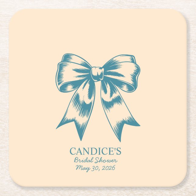 Modern Retro Coral with Green Bow Square Paper Coaster (Front)