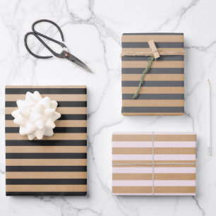 Modern Retro Cream Black Grey Stripes Kraft  Wrapping Paper Sheet