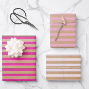 Modern Retro Cream Hot Pink Stripes Kraft  Wrapping Paper Sheet