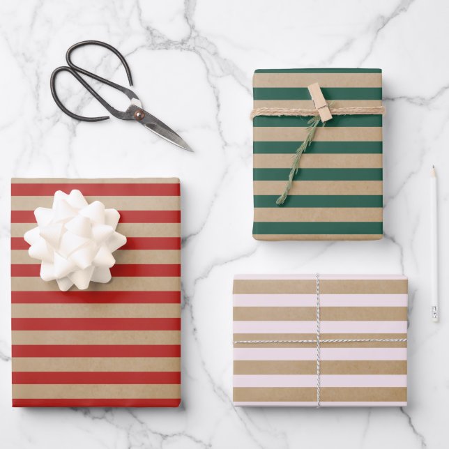 Modern Retro Cream Red Green Stripes Kraft  Wrapping Paper Sheet (Front)