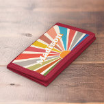 Modern Retro Custom Name Fun Vintage Rainbow Trifold Wallet<br><div class="desc">Introducing the Custom Name wallet with a Modern Retro Fun Vintage Rainbow Sun Burst Illustration. This wallet is a unique and personalised piece that features a vibrant and colourful sunburst design, reminiscent of the retro aesthetic of the 60s and 70s. The groovy rainbow-coloured sunburst illustration on this wallet is eye-catching...</div>