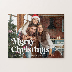 Modern Retro Custom Photo Merry Christmas  Jigsaw Puzzle