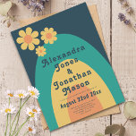 Modern Retro Daisy Arch Wedding Invitation Postcard<br><div class="desc">Bold modern groovy retro 70s vintage colours wedding invitation. Cool retro minimalist daisy pattern with rainbow arch design in navy blue mustard yellow orange peach and teal green. This fun hippy hipster boho wedding invitation with groovy typography is easy to personalise using the simple templates. Ideal for setting the tone...</div>