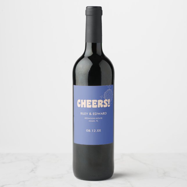 Modern Retro Dark Blue "Cheers!" Custom Wedding Wine Label (Front)