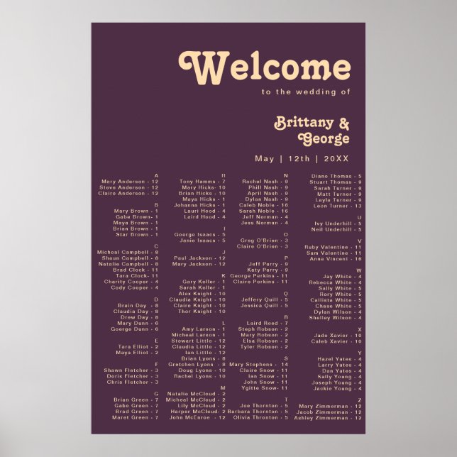 Modern Retro | Dark Purple Alphabetical Seating Poster (Front)