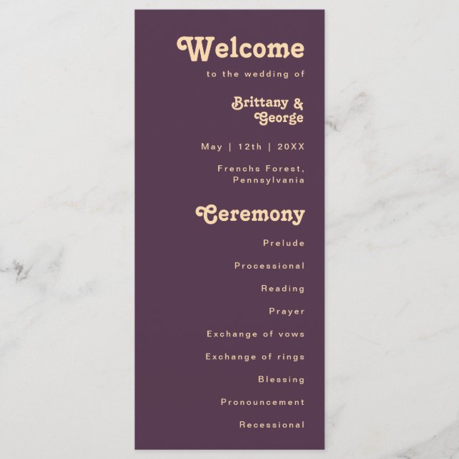 Modern Retro | Dark Purple Cream Wedding Program (Front)