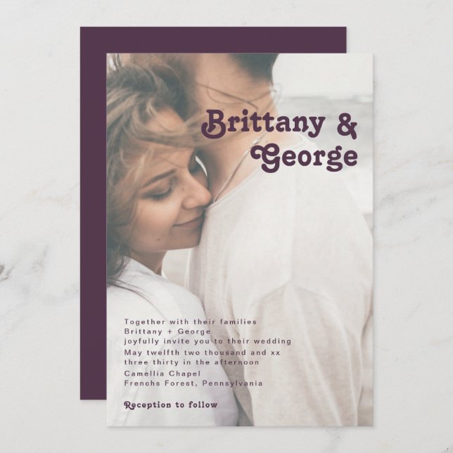 Modern Retro | Dark Purple Faded Photo Wedding Invitation (Front/Back)